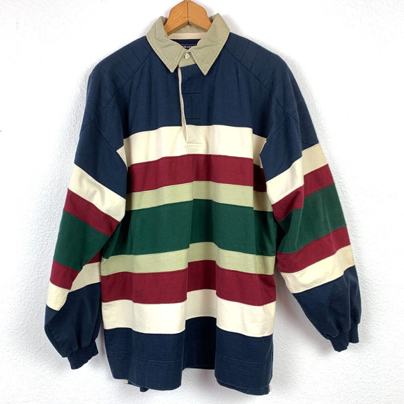 Vintage 80s 90s Van Heusen Wide Stripe Dadcore Long Sleeve Rugby Polo Shirt Lg - Picture 1 of 6